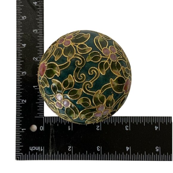 Cloisonné Floral Patterned Round Paperweight Hand Painted Green Pink Gold - Picture 6 of 6
